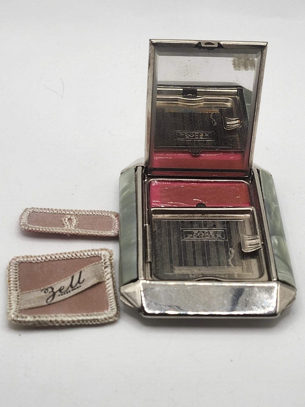 Vintage Zell Green Marbled Compact Face Powder Rouge Mirror Art Deco Case Vanity