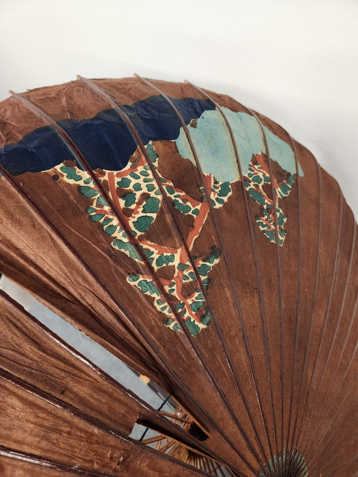 Vintage Japanese Paper Parasol Umbrella Hand Painted Mt Fuji Bamboo Wagasa 32”