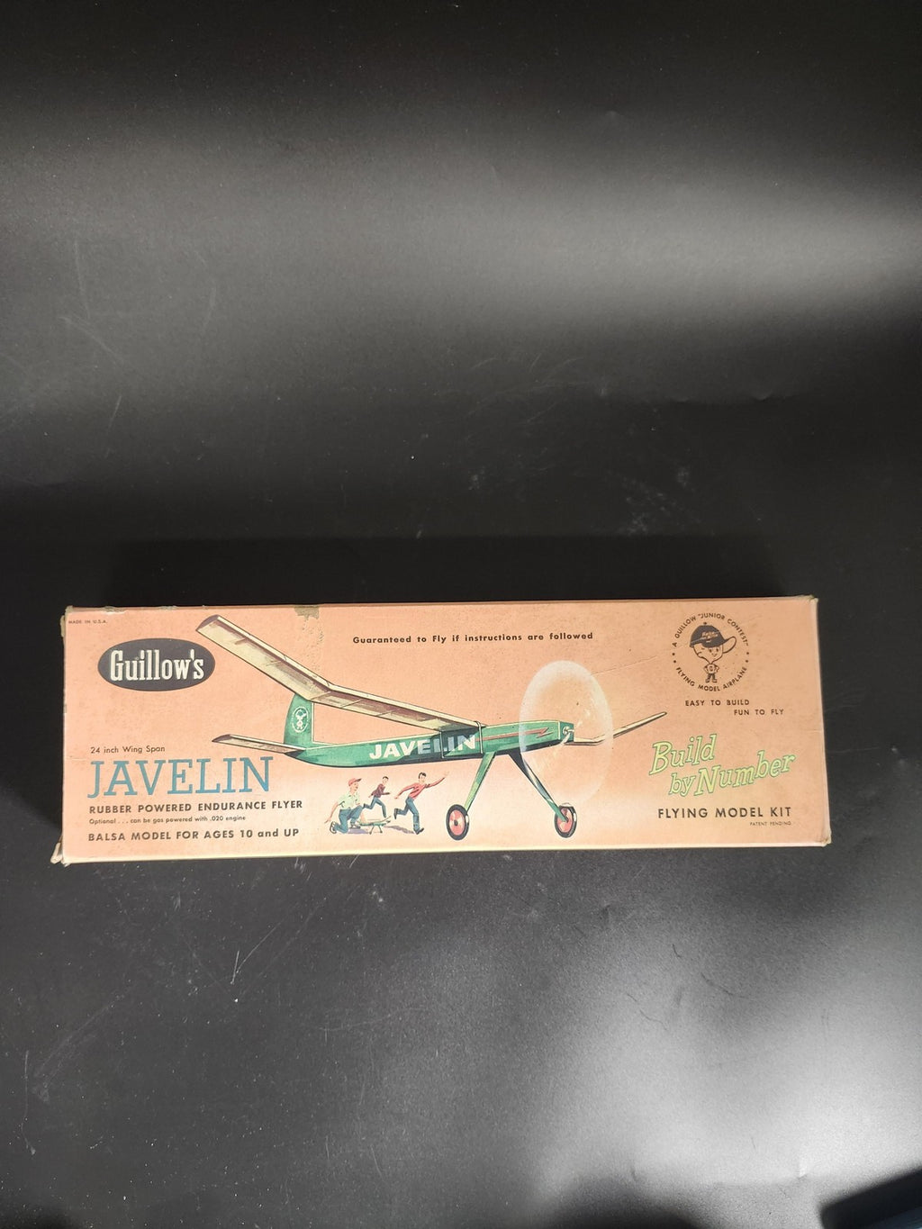 Vintage Guillows Javelin Balsa Airplane Model Kit Brown Box Parts Repair