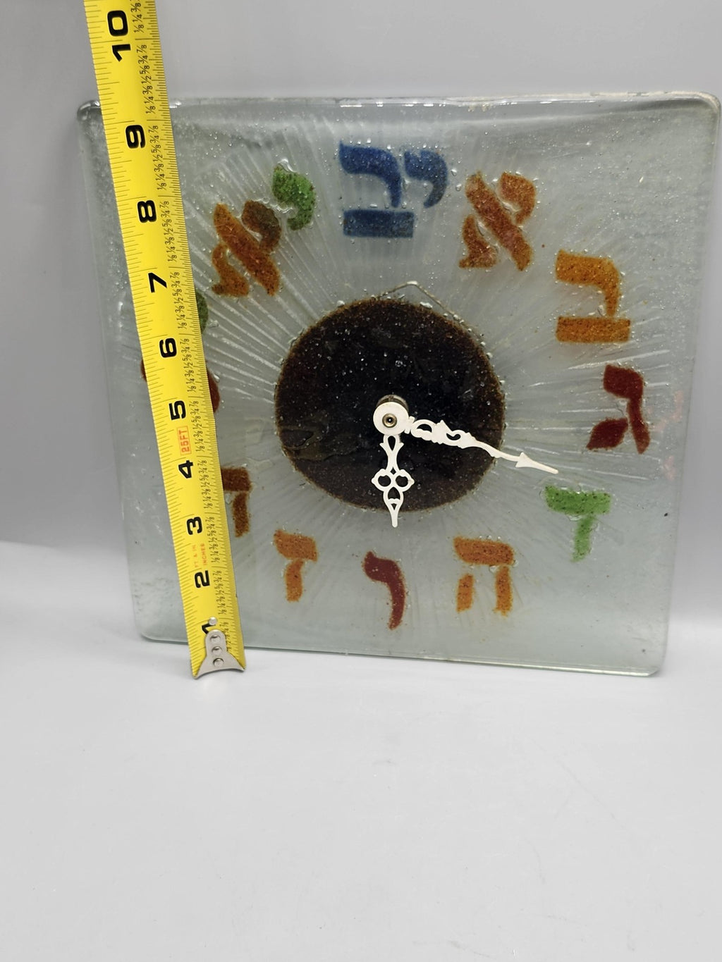 Fused Glass Hebrew Wall Clock Square Multicolor Judaica Quartz Religious Decor