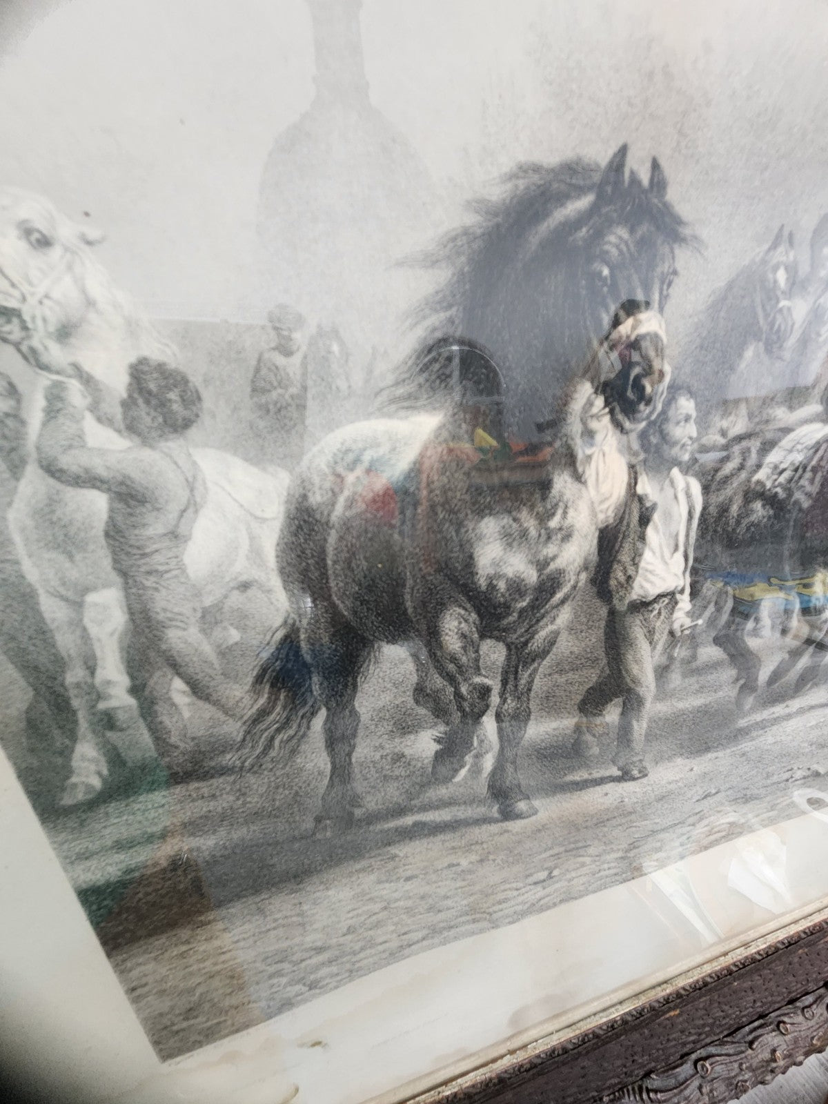 Antique Rosa Bonheur Horse Engraving Print HUGE 50x34 Black Forest Frame C.G....