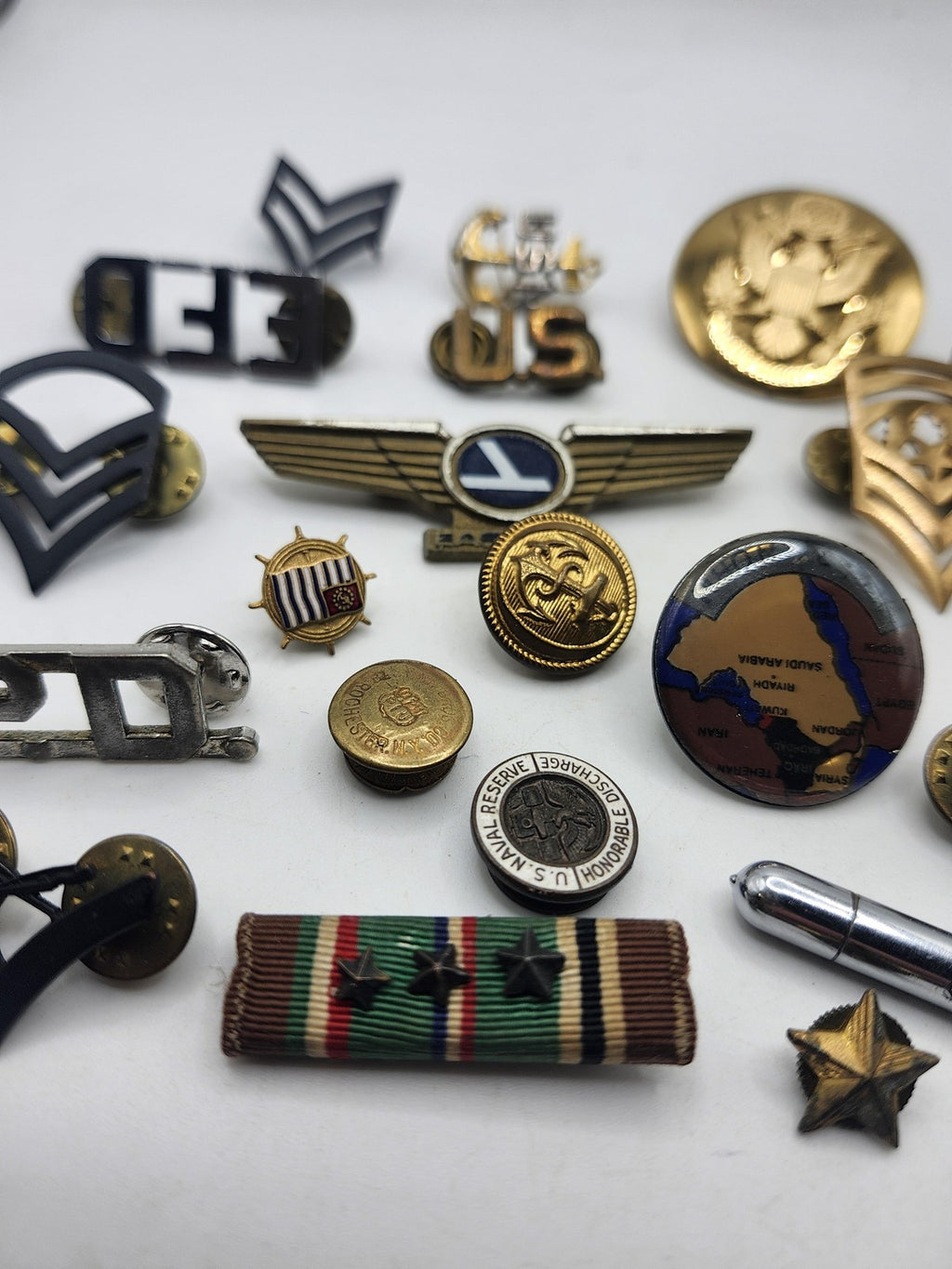 Vintage US Military Insignia Pins Buttons Ribbons Mixed Lot USA Collectible