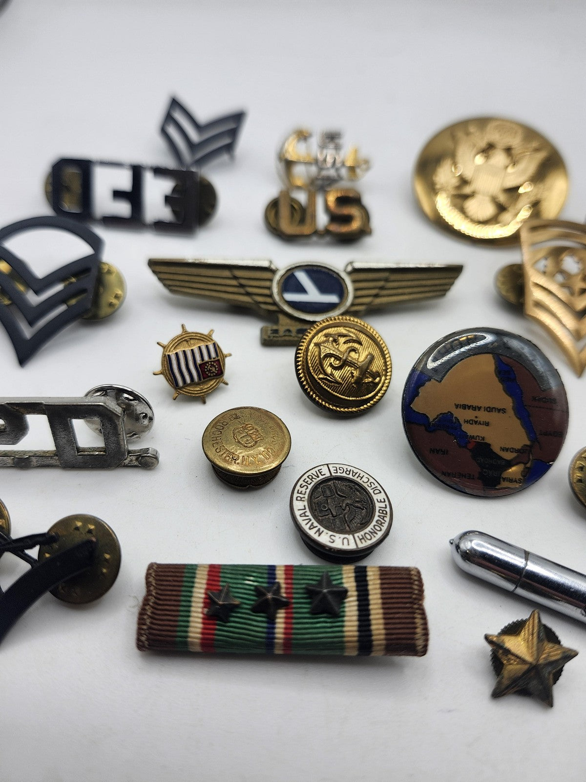 Vintage US Military Insignia Pins Buttons Ribbons Mixed Lot USA Collectible
