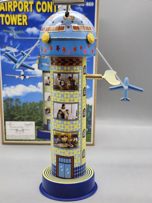 Airport Control Tower Wind Up Tin Toy Airplane Playset Blue Yellow Boxed MS 469