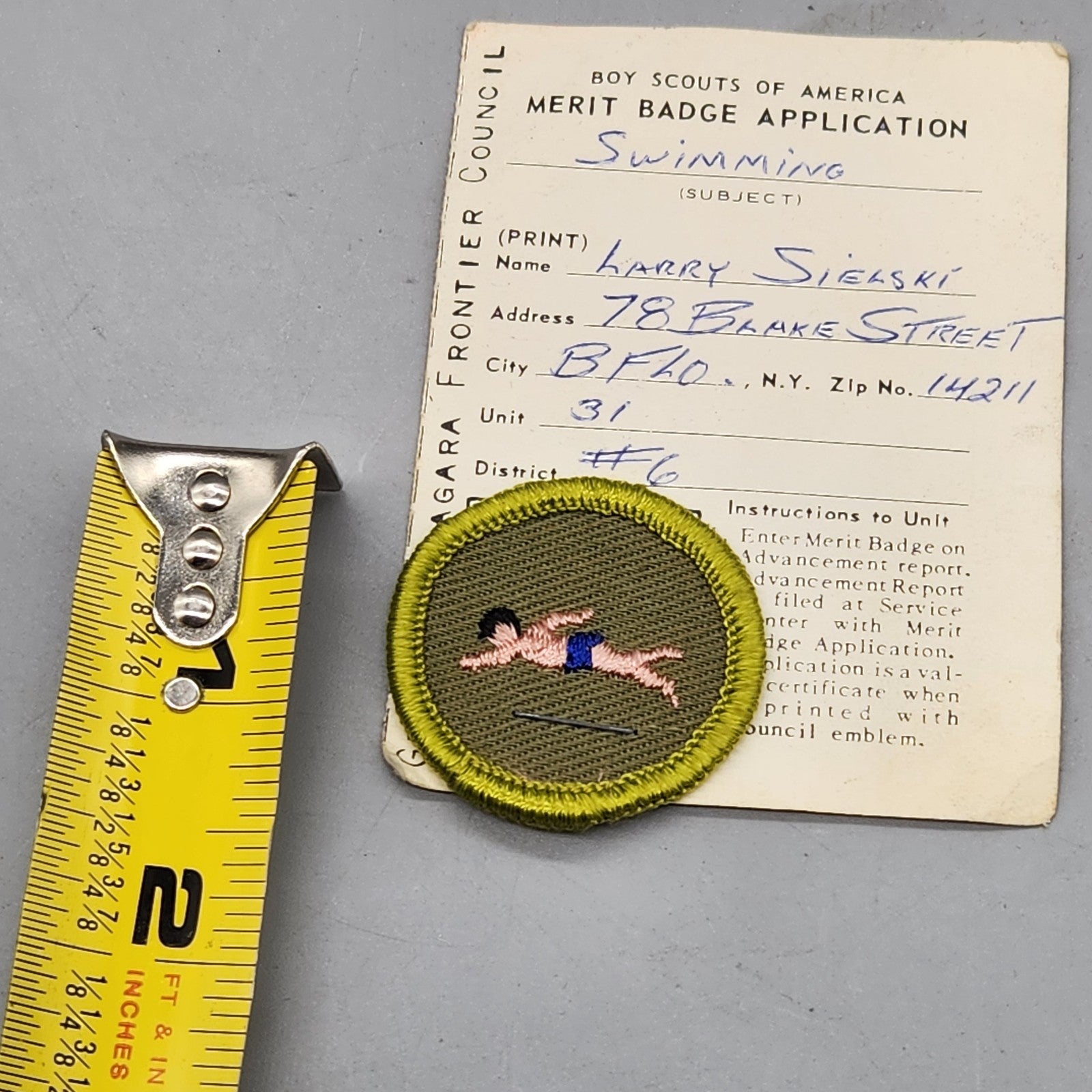1968 Boy Scouts Swimming Merit Badge w/ Named Application Card – Buffalo NY