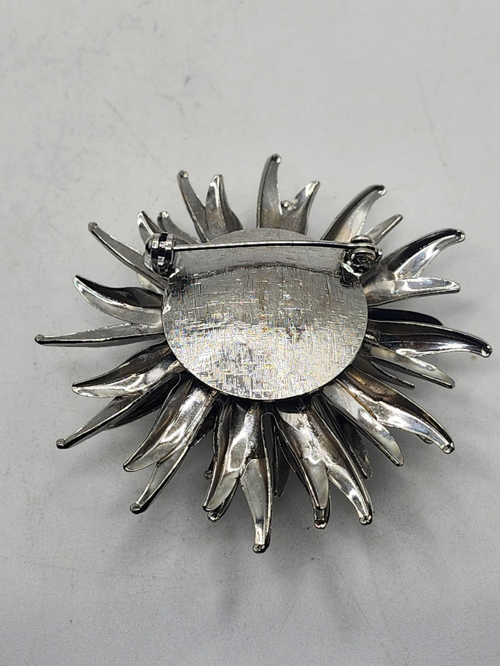 Silver Tone Flower Brooch Pin Layered Petal Burst Textured Costume Jewelry