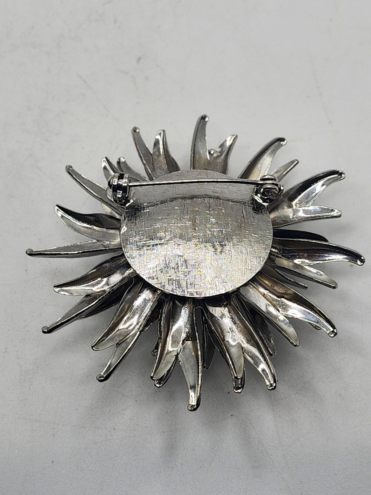 Silver Tone Flower Brooch Pin Layered Petal Burst Textured Costume Jewelry