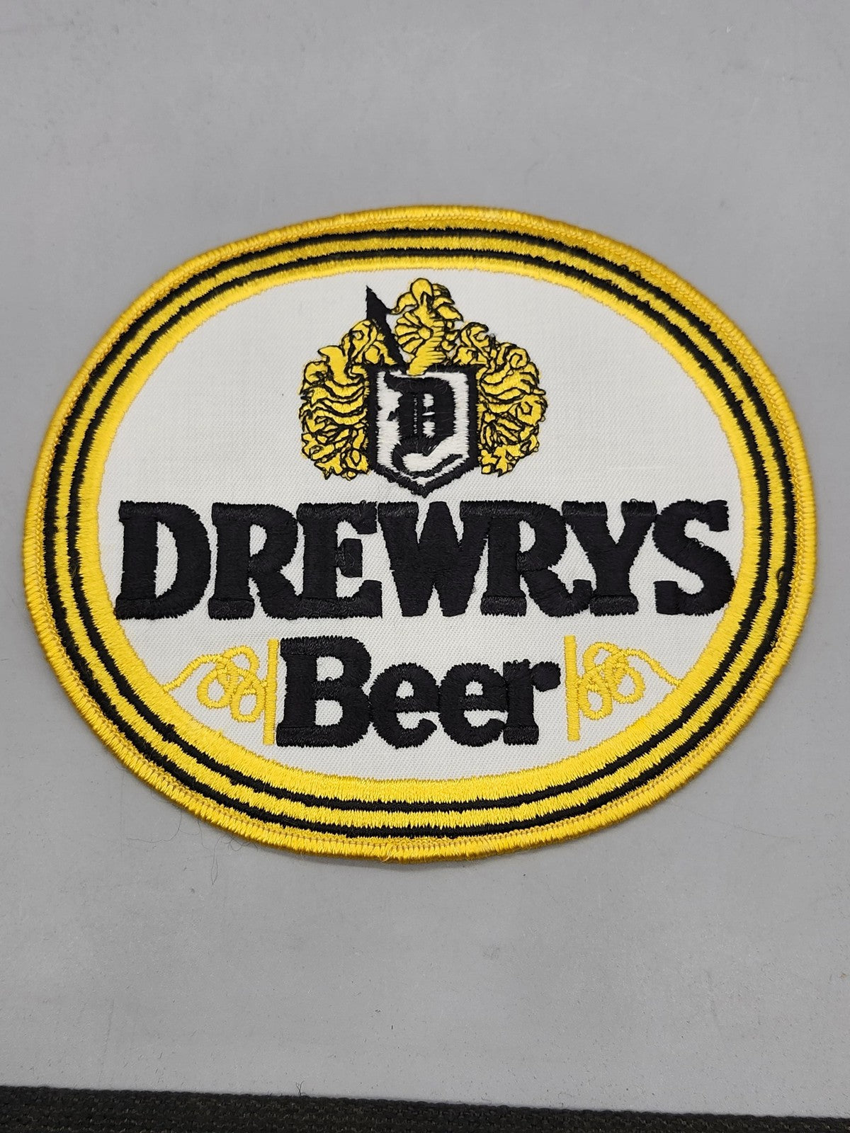 Vintage Drewrys Beer Oval Patch White Yellow Black Embroidered Breweriana Decor