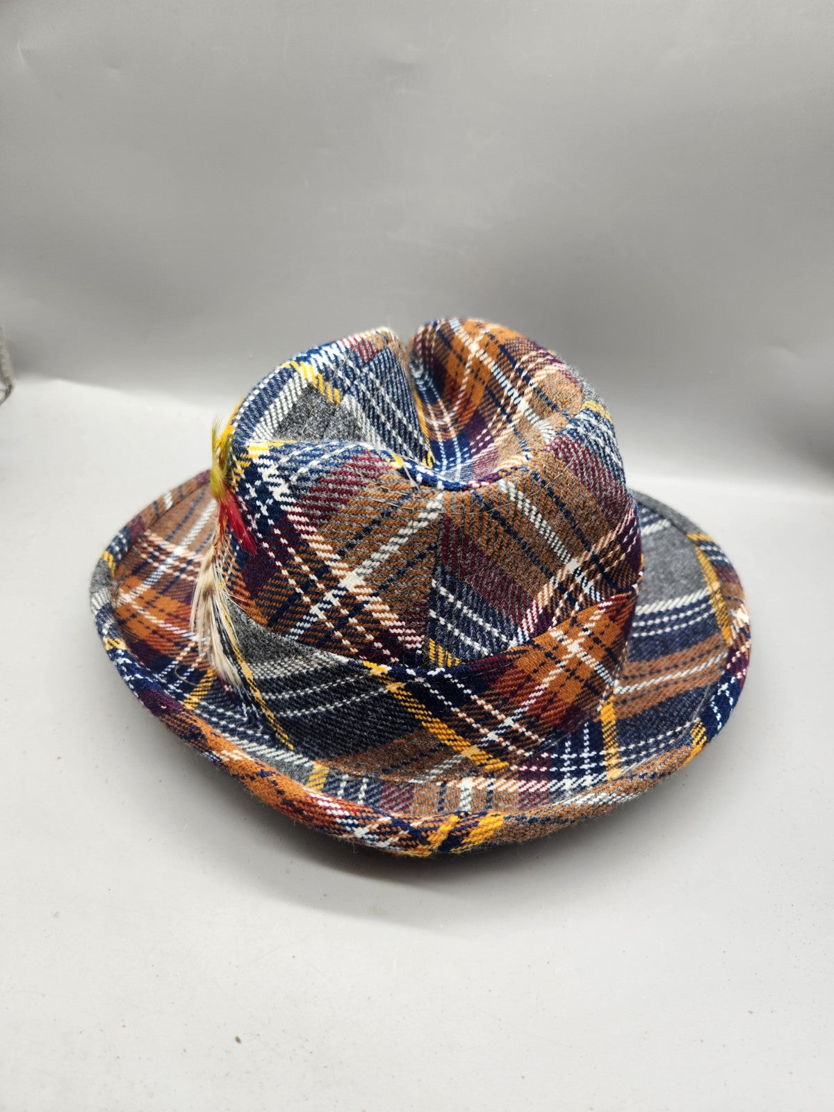 Vintage Plaid Fedora Hat Size 7 1/8 Brown Blue Yellow Tartan Trilby Style
