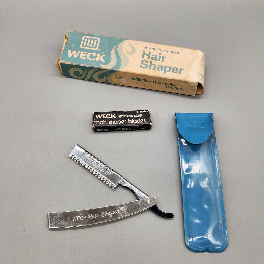 Vintage WECK Hair Shaper Straight Razor Silver Stainless W/ 5 Blades Case Box
