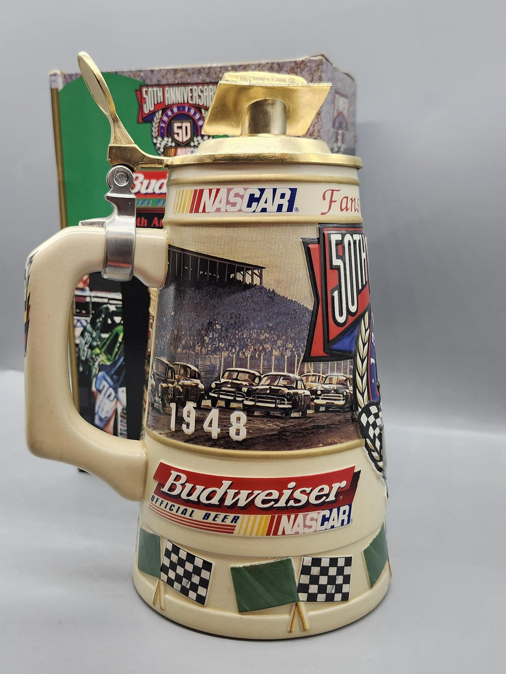 Vintage Budweiser NASCAR 50th Anniversary Lidded Stein Ceramarte Brazil