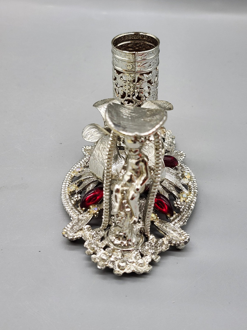 Vintage SF Lady Lipstick Holder Ring Stand Silver Tone Red Rhinestone Vanity USA