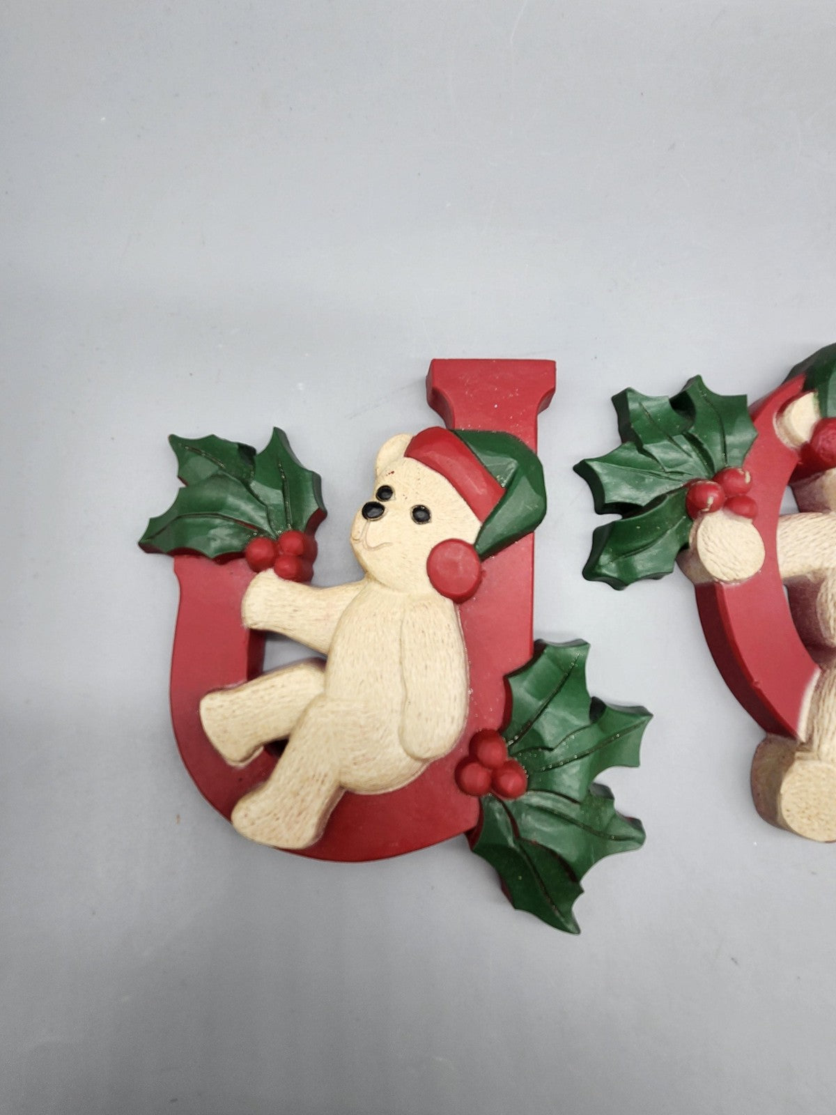 Homco JOY Teddy Bear Wall Plaque Set 3pc Red Green Plastic Christmas Decor