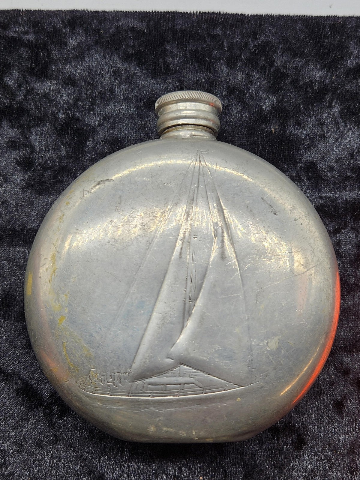 Vintage Pinder Bros Silver Pewter Sailboat 6oz Round Barware With Lid Decor