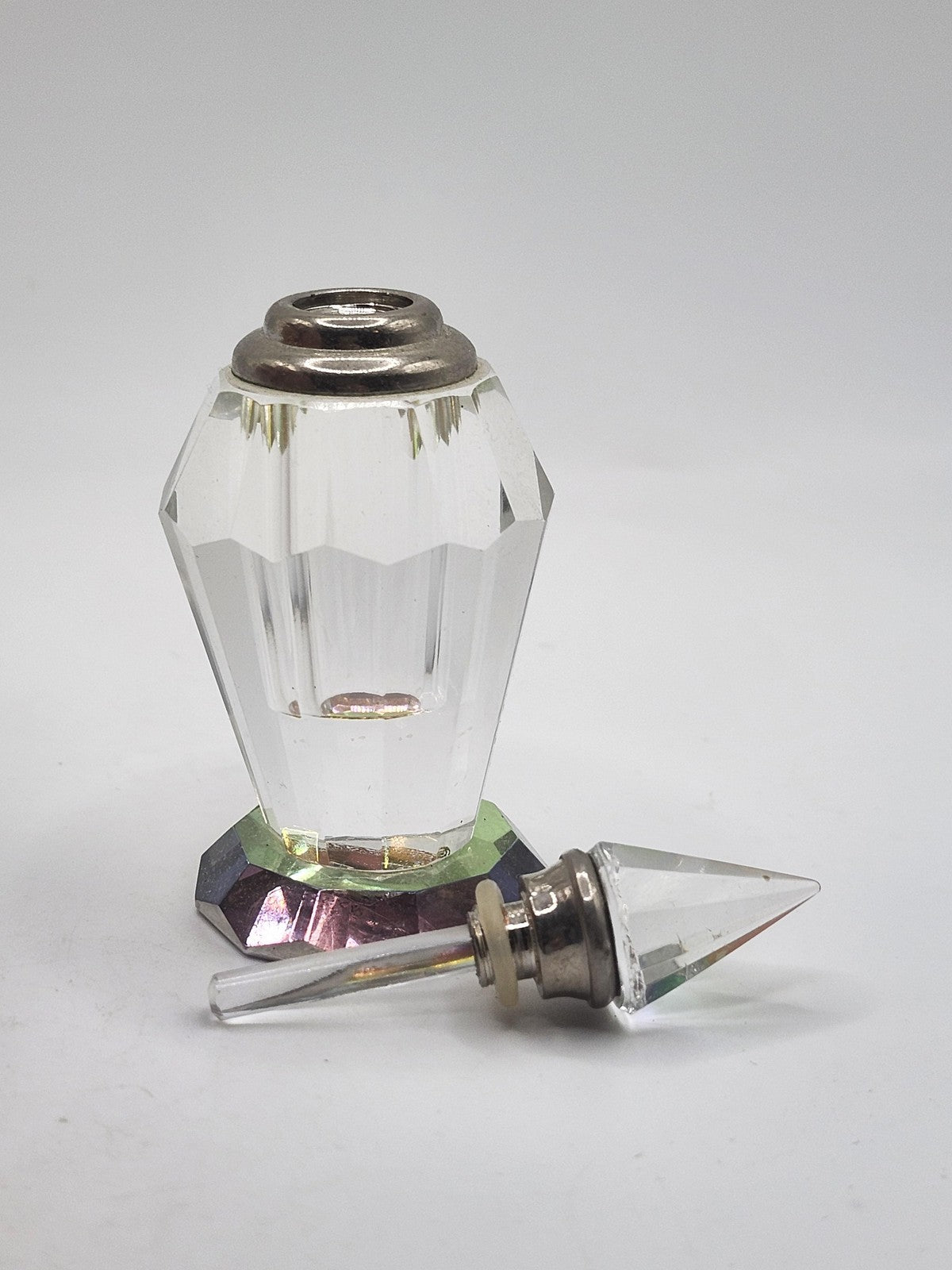 Vintage Cut Glass Perfume Bottle Prism Stopper Rainbow Base Vanity Decor Faceted