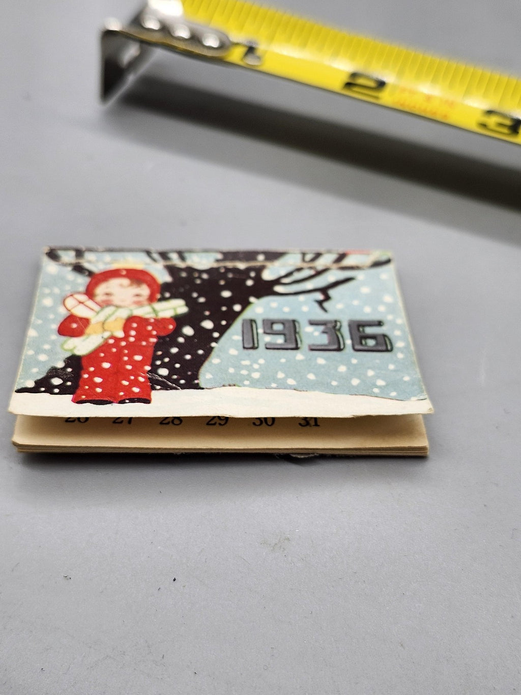 Vintage 1936 Mini Calendar Child In Red Snowsuit Winter Snow Scene Ephemera