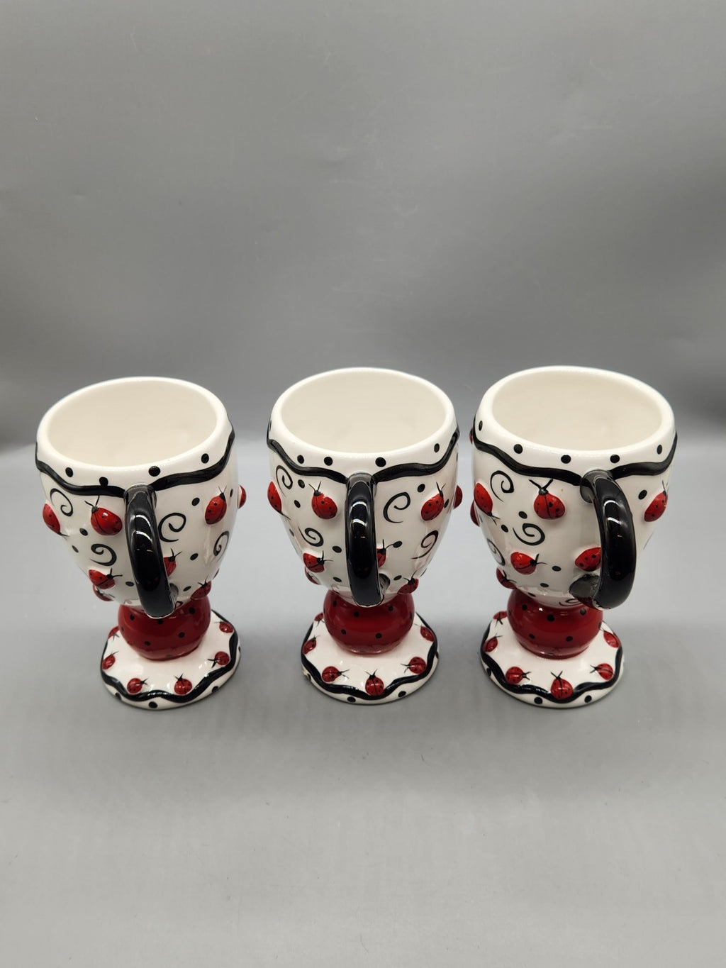 Burton & Burton Ladybug Pedestal Ceramic Coffee Tea Mugs Set of 3 3D Raised...