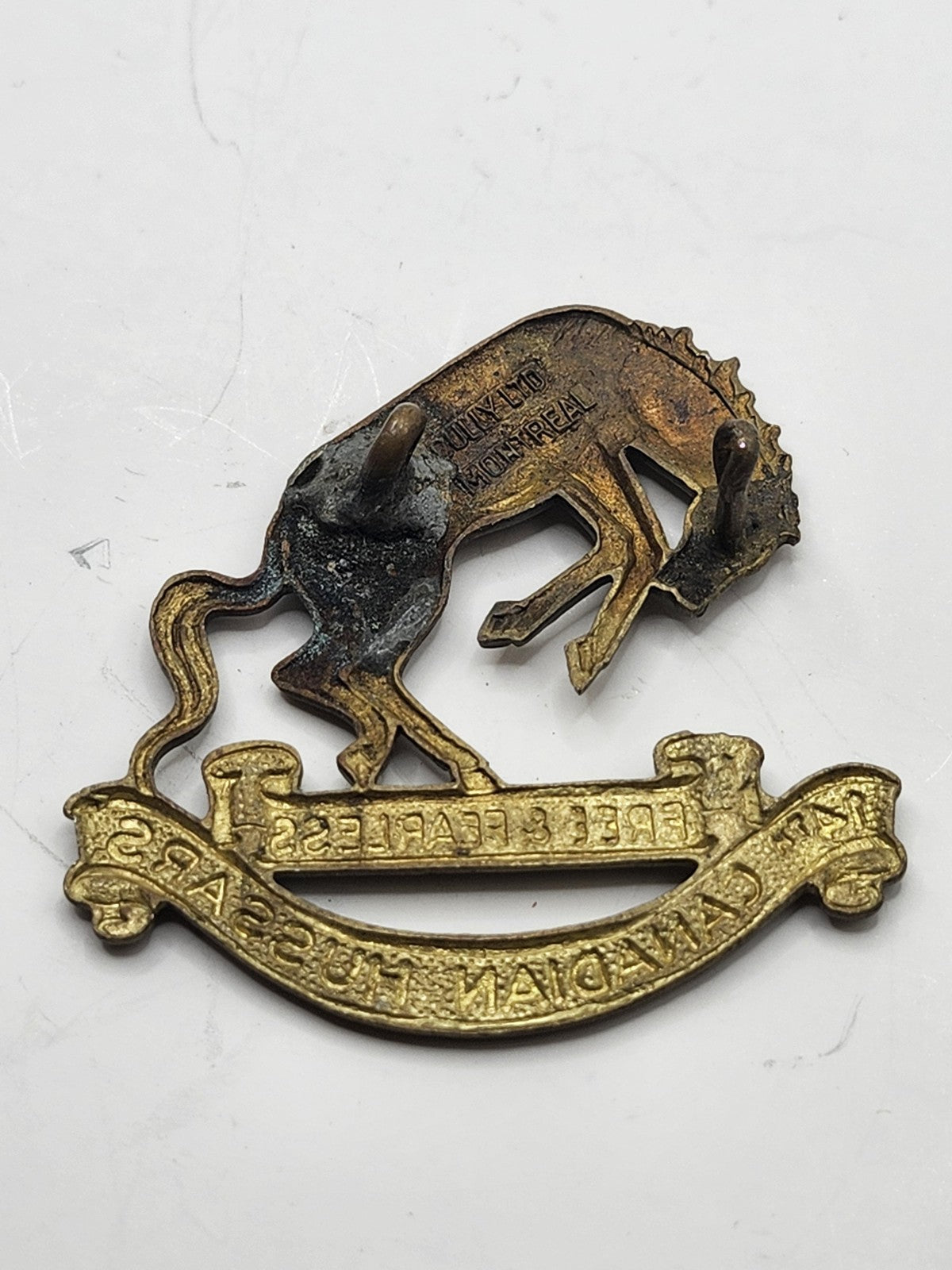 Vintage 14th Canadian Hussars Free & Fearless Cap Badge Brass Canada Militaria