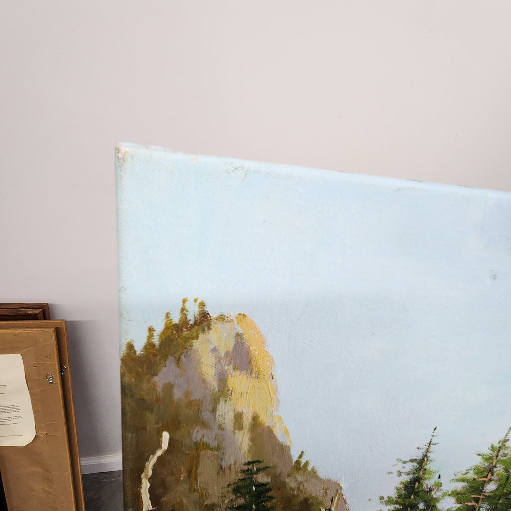 Vintage R. Mansfield Mountain Landscape Oil Painting on Canvas 28.5” x 21.5”
