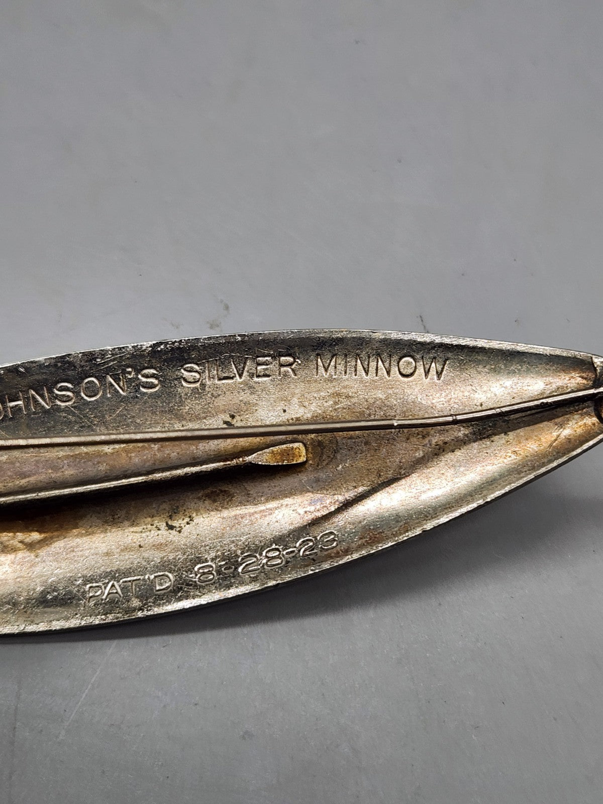 Vintage Johnson's Silver Minnow Weedless Fishing Lure Pat 8-28-23 Single Hook...