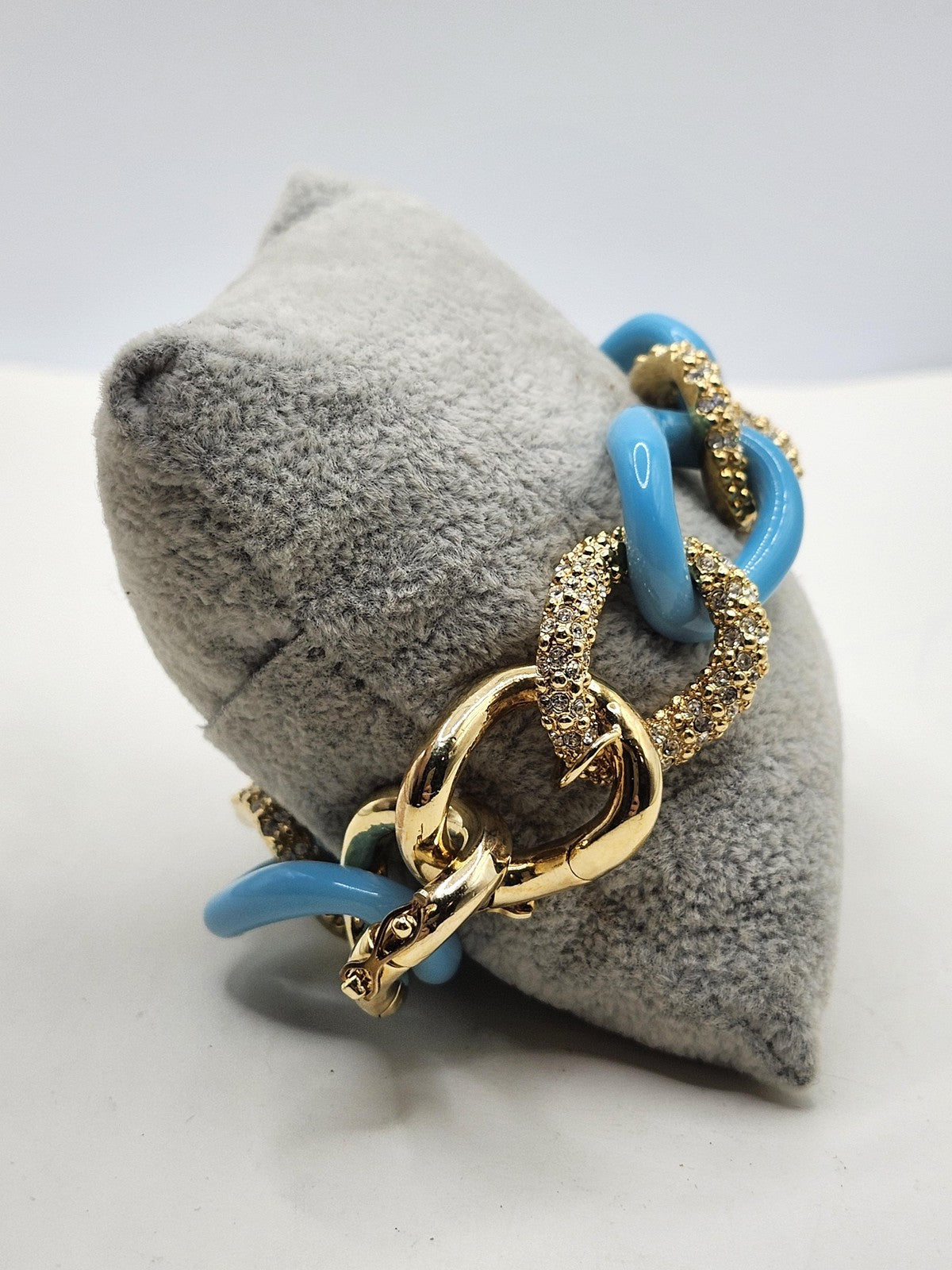 Blue Gold Tone Chain Bracelet Snake Link Rhinestone Magnetic 7.5 Inch Statement