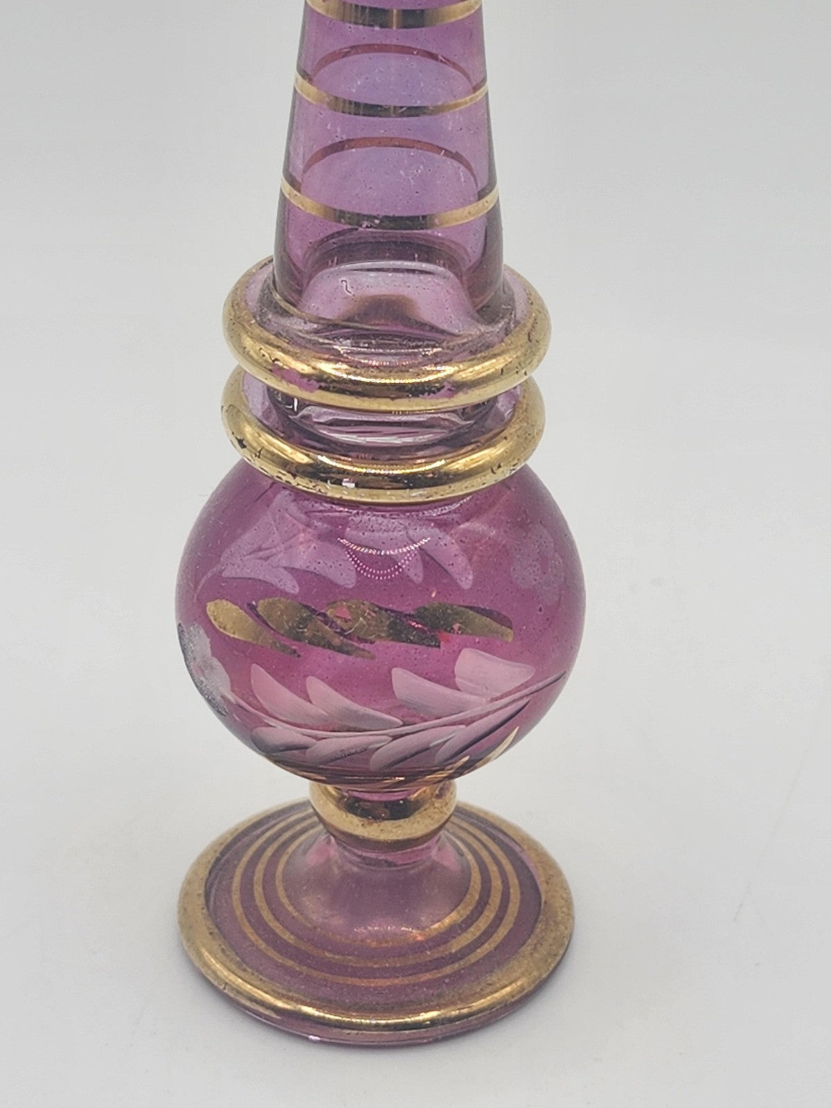 Vintage Purple Glass Perfume Bottle Clear Stopper Gold Trim Floral Design Decor