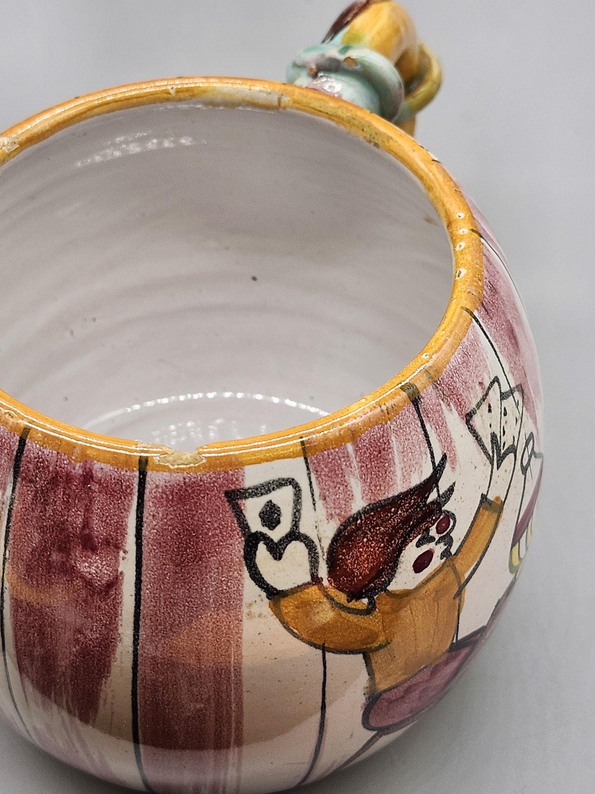 Hand Painted Card Players Coffee Mug Multicolor Ceramic Bamboo Handle Decor