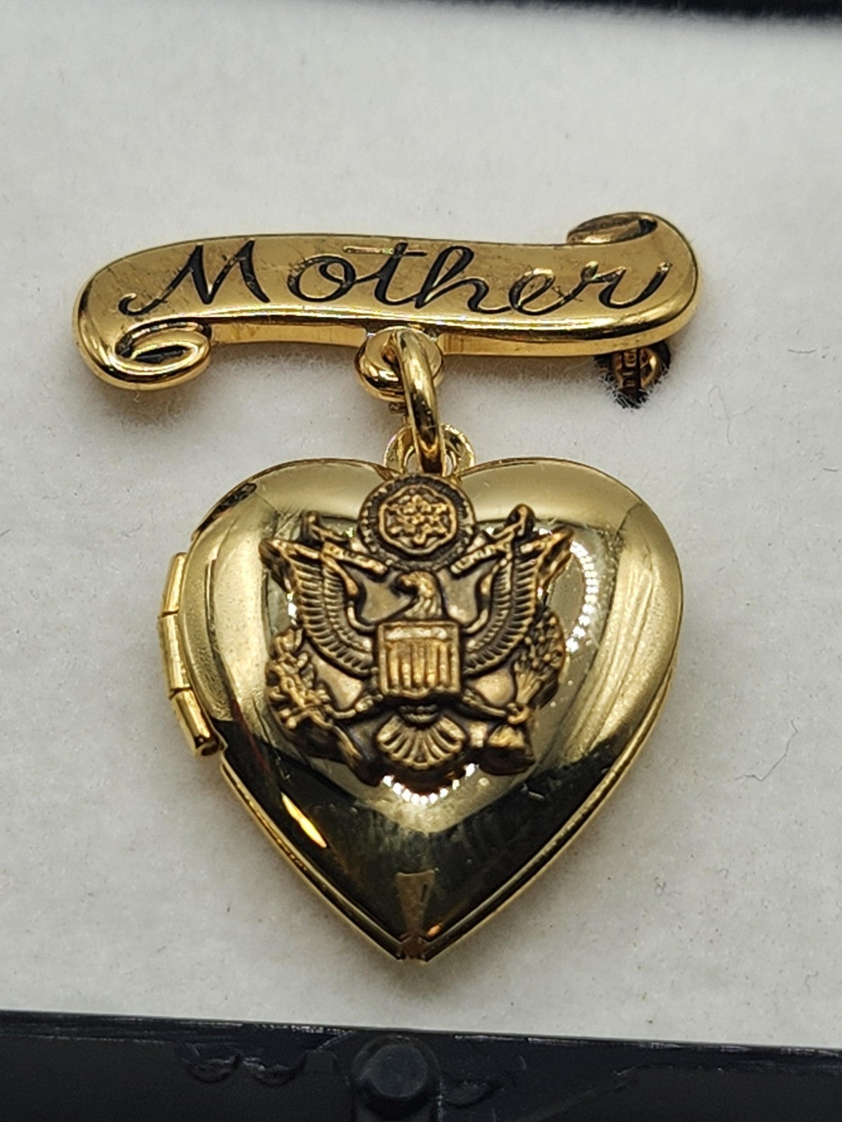 Gold Tone Mother Heart Locket Brooch Pin Eagle USA Military Jewelry Gift