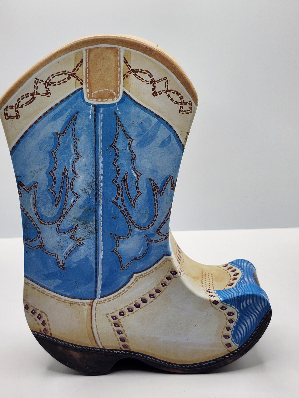 Cowboy Boot Tin Box Medium Blue Teddy Bear Western Christmas Holiday Gift Decor