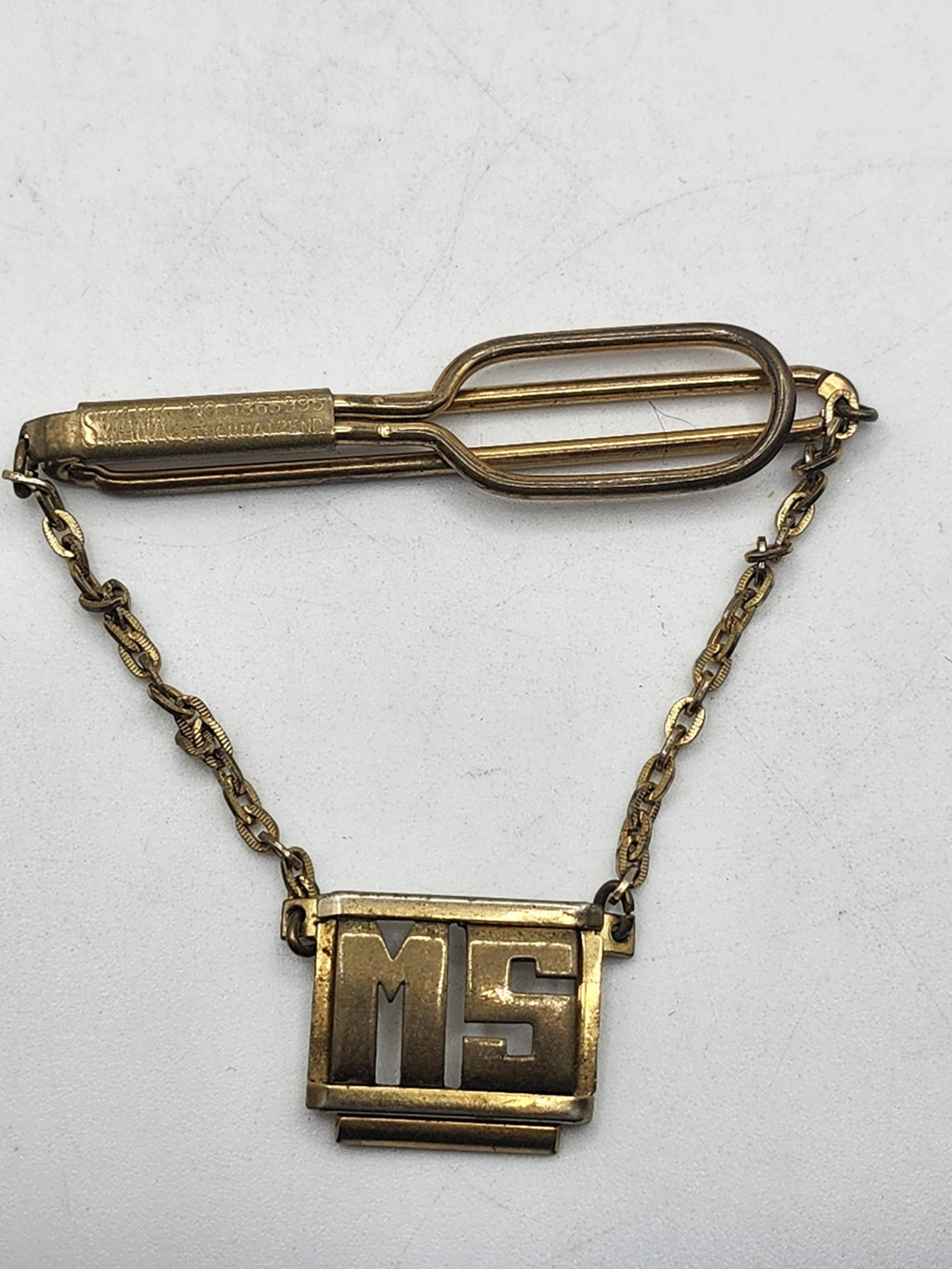 Vintage Swank Tie Clip Gold Tone Men's MS Monogram Chain Guard Bar Jewelry Gift