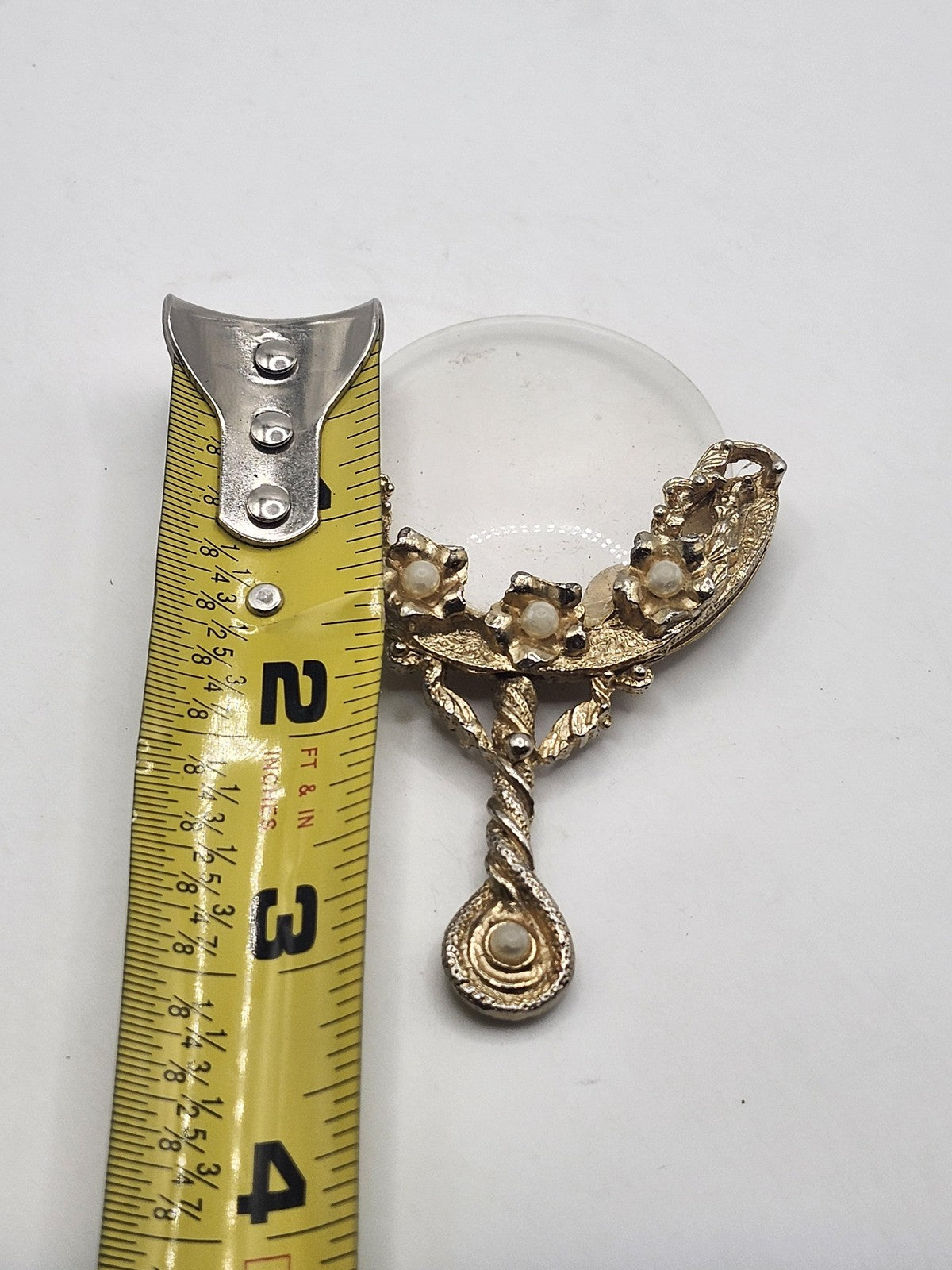 Ornate Gold Tone Floral Handle Magnifying Glass Handheld Faux Pearl Decorative