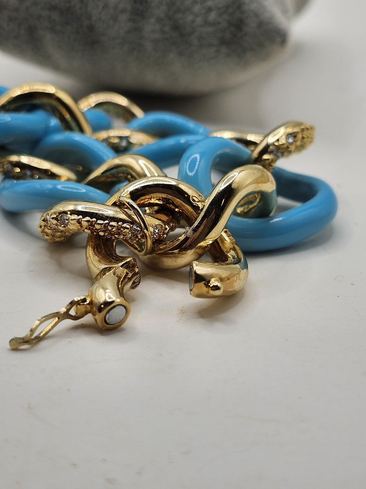 Blue Gold Tone Chain Bracelet Snake Link Rhinestone Magnetic 7.5 Inch Statement