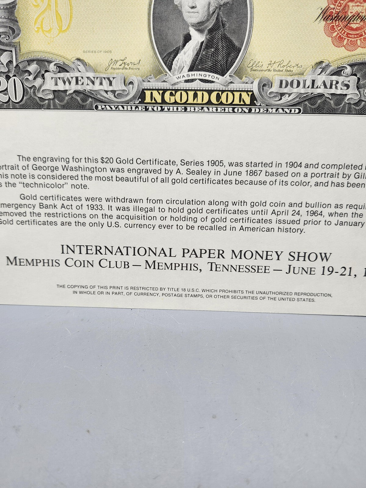 1981 BEP Souvenir Card 1905 $20 Gold Certificate Note Print Memphis Show