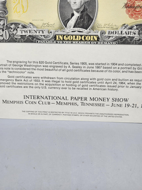 1981 BEP Souvenir Card 1905 $20 Gold Certificate Note Print Memphis Show