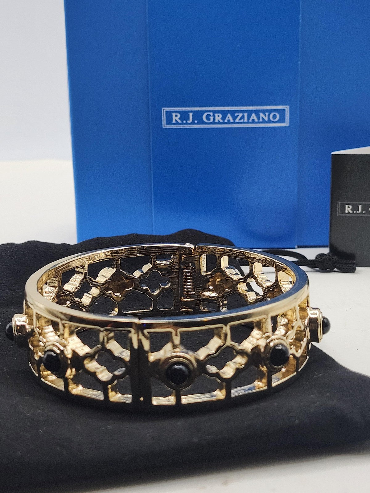 R.J. Graziano Gold Tone Bangle Bracelet Black Cabochon Openwork Jewelry Gift