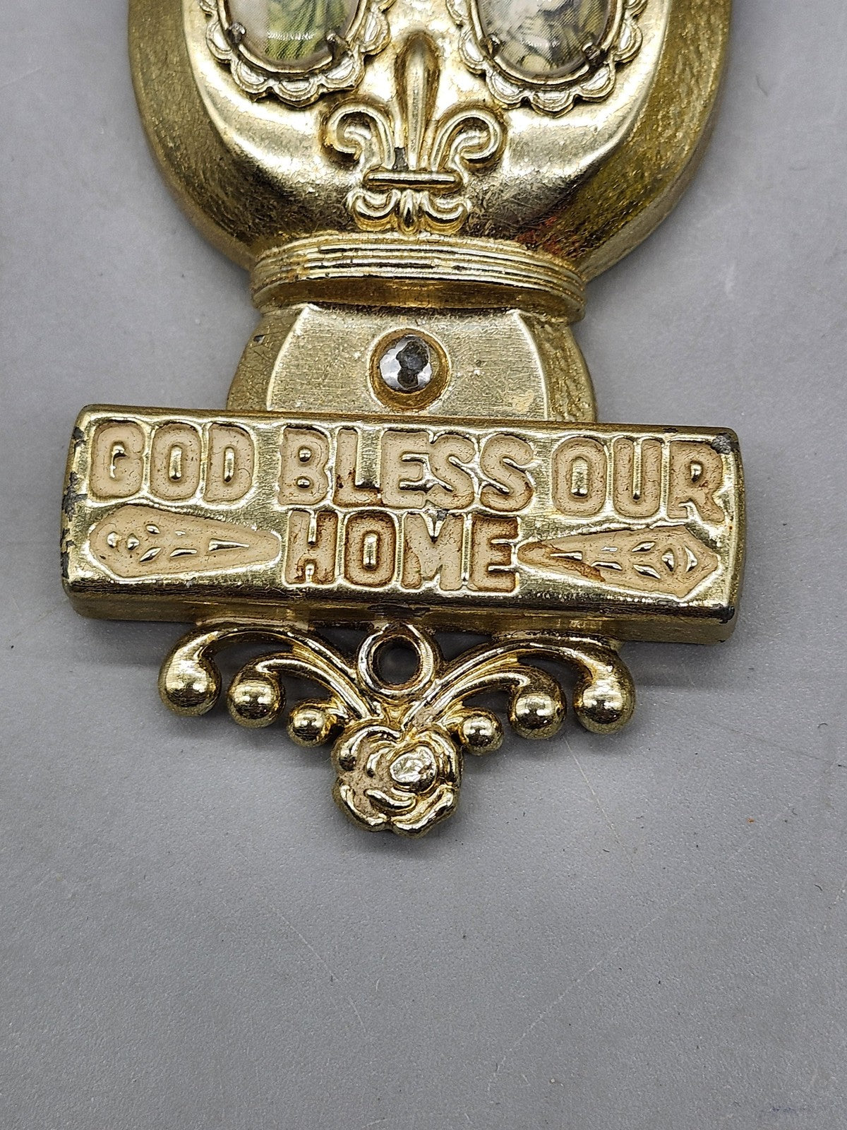 Vintage God Bless Our Home Wall Plaque Gold Tone Virgin Mary Catholic Decor