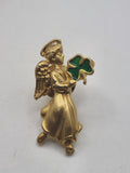 Avon Angel Pin Gold Tone Green Enamel Shamrock Luck Religious Brooch Jewelry