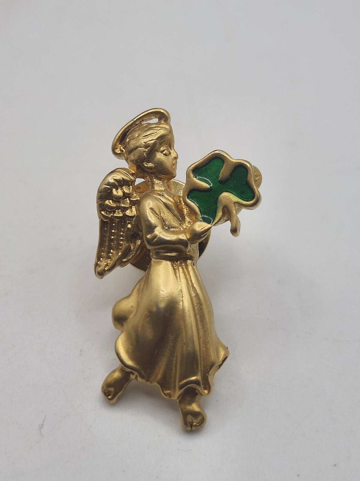 Avon Angel Pin Gold Tone Green Enamel Shamrock Luck Religious Brooch Jewelry