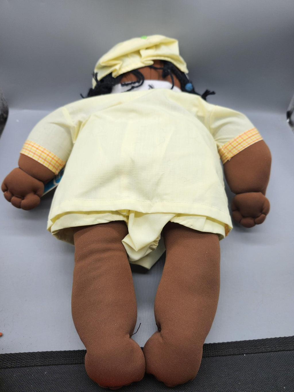 Vintage Cloth Baby Rag Doll Yellow Outfit Hat Beads Sears Infant Shop NB Tag