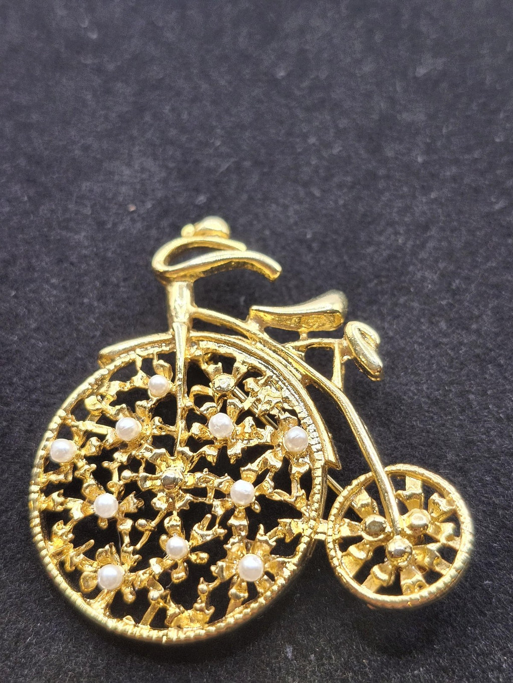 Gold Tone Bicycle Brooch Pin Faux Pearl High Wheel Bike Costume Jewelry Gift