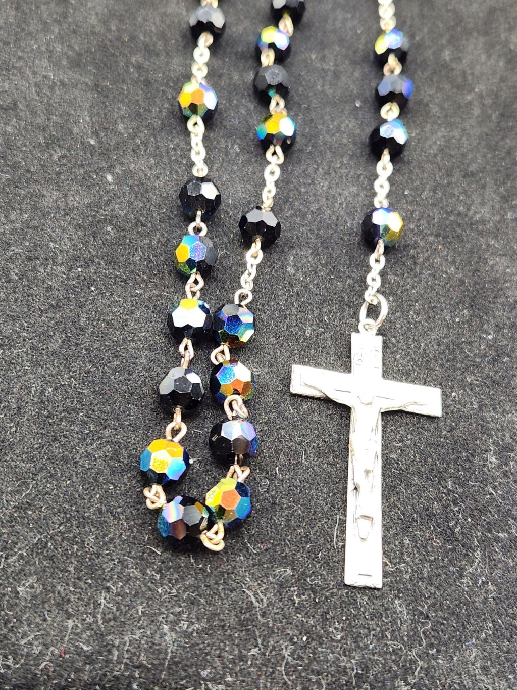 Vintage 925 Sterling Silver Miraculous Medal Rosary Black Aurora Borealis...