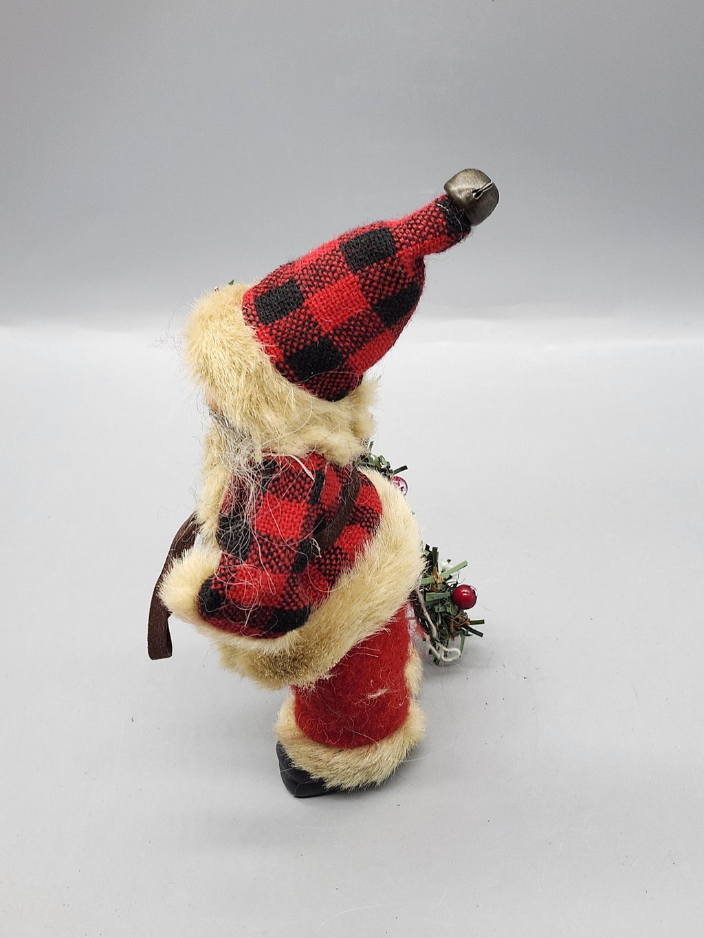 Buffalo Plaid Santa Claus Figurine Small Red Fabric Fur Christmas Tabletop Decor