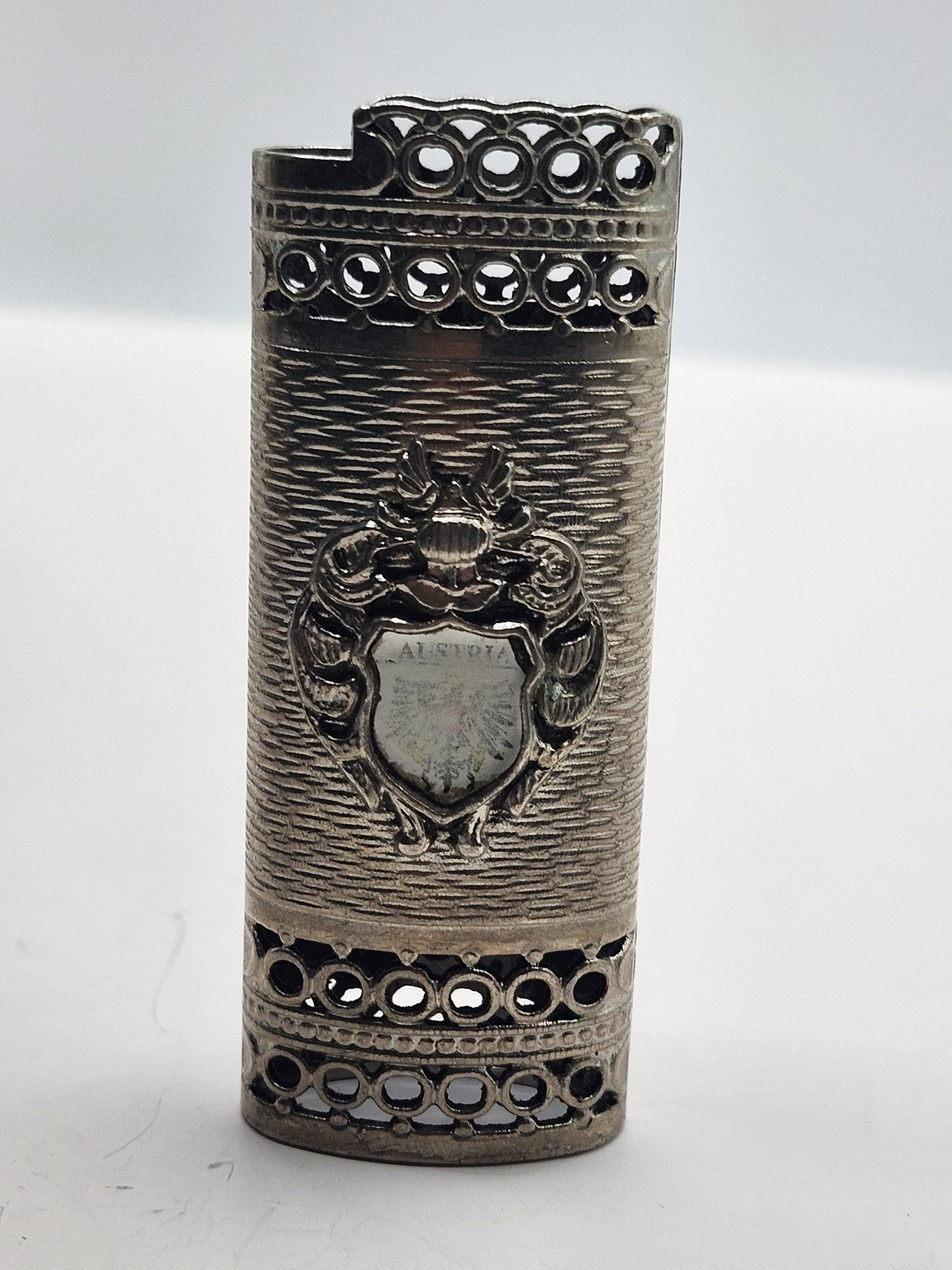 Vintage Austria Crest Lighter Case Silver Tone Metal Filigree Souvenir Decor