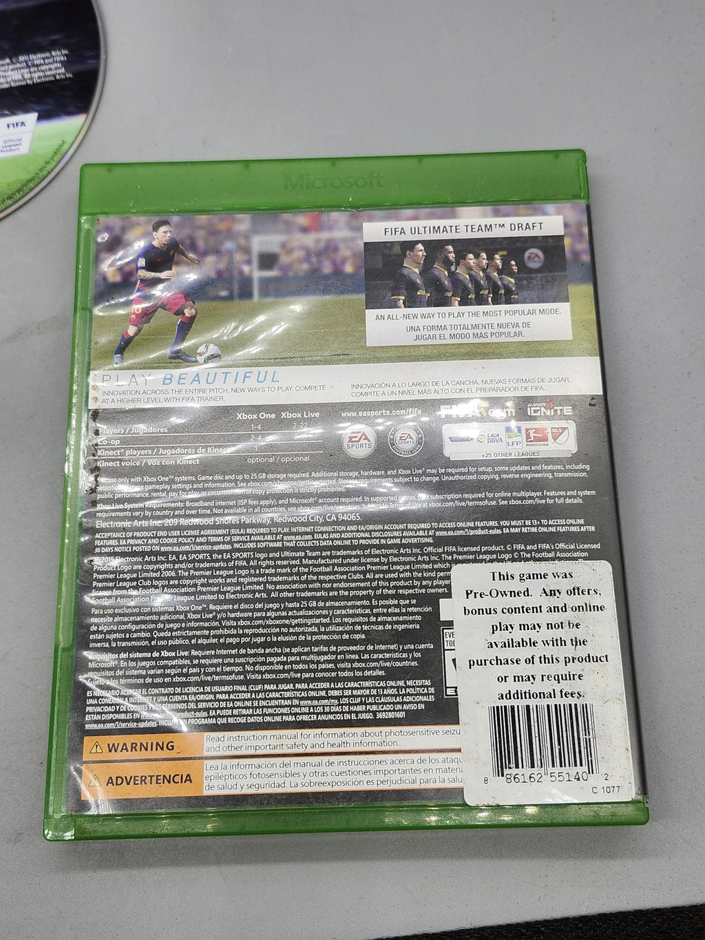 FIFA 16 Microsoft Xbox One Game Disc Case EA Sports NTSC-U/C 2015 E Soccer