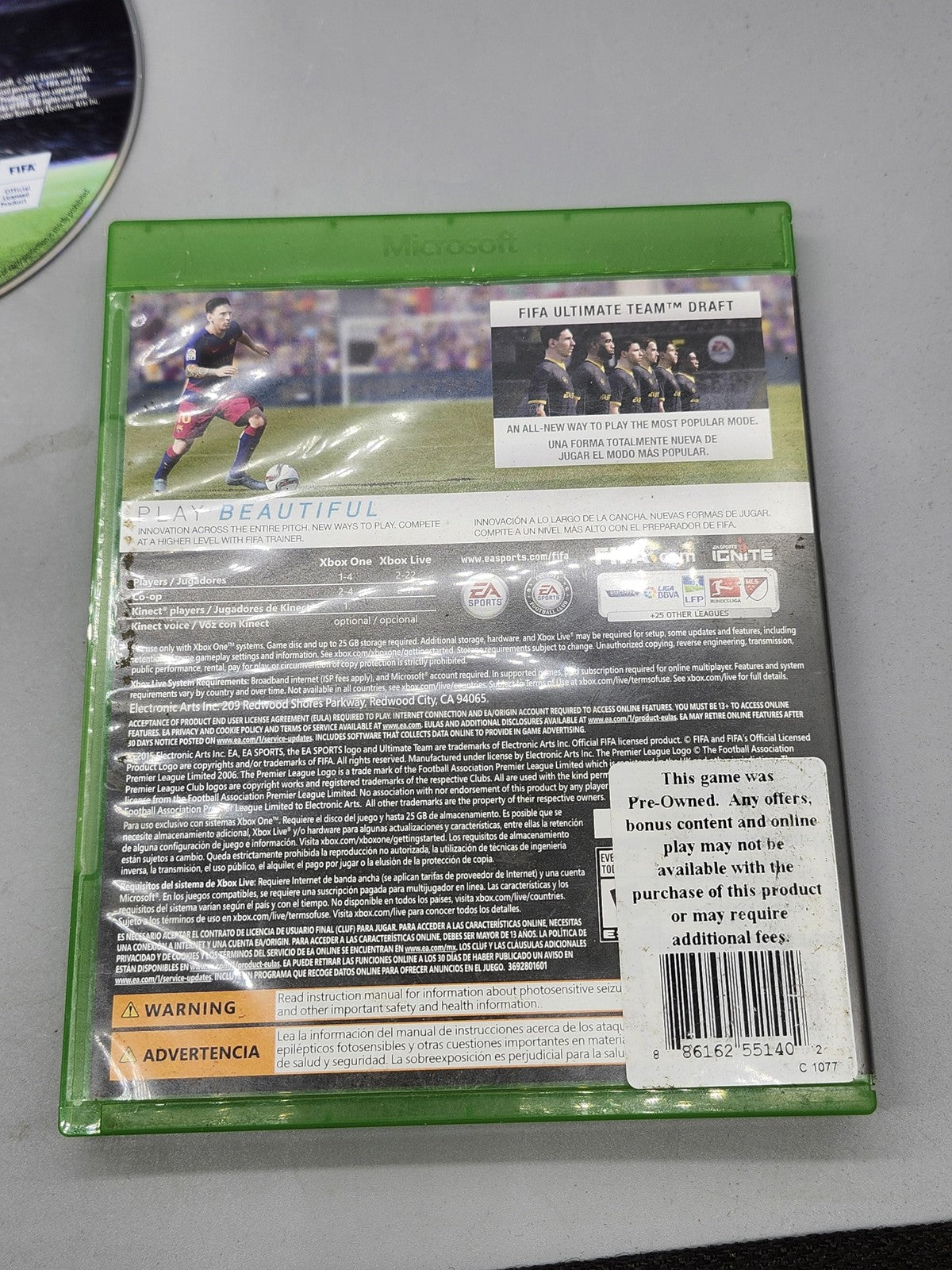 FIFA 16 Microsoft Xbox One Game Disc Case EA Sports NTSC-U/C 2015 E Soccer