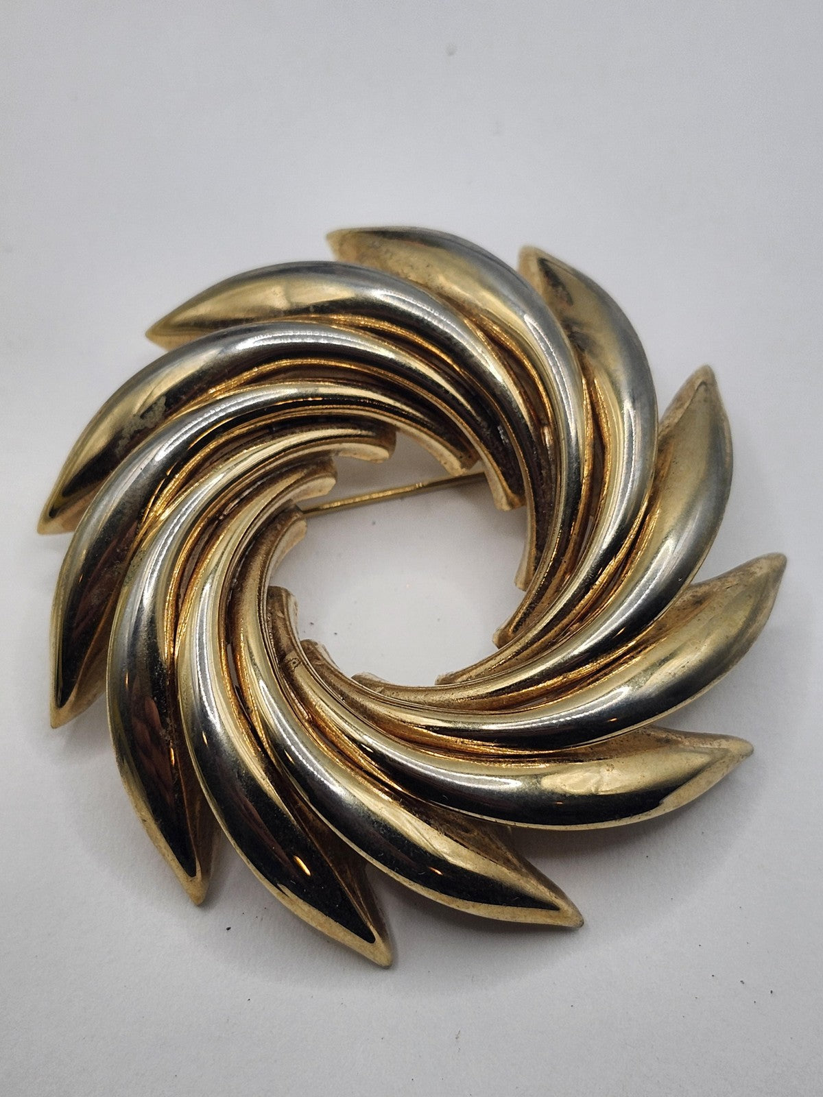 Gold Tone Swirl Brooch Pin Layered Pinwheel Costume Jewelry Statement Gift