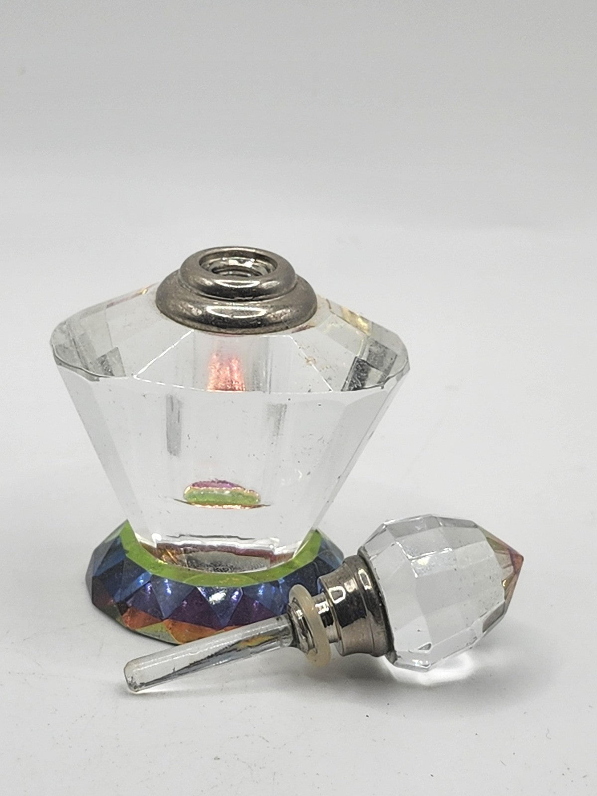 Faceted Glass Perfume Bottle Iridescent Rainbow Base Clear Stopper Decor Vanity