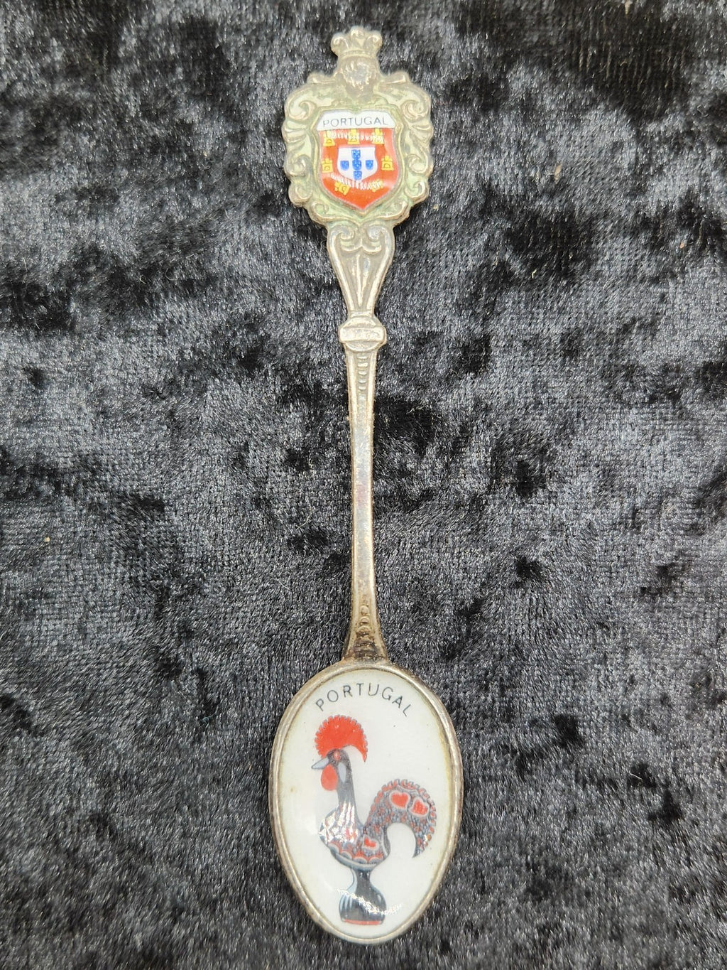 Unmarked Portugal Souvenir Spoon Small Crest Rooster Enamel Metal Travel Decor