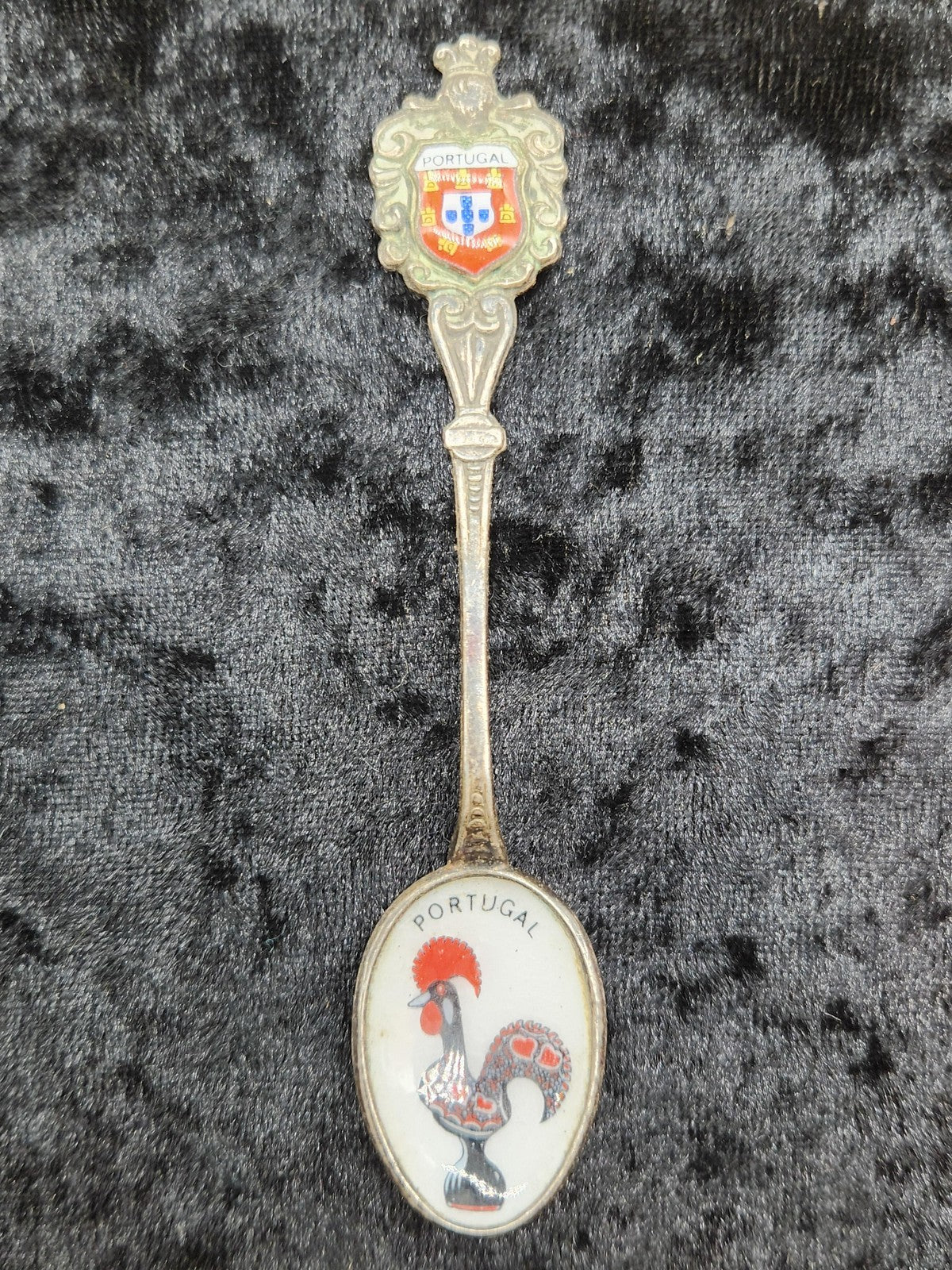 Unmarked Portugal Souvenir Spoon Small Crest Rooster Enamel Metal Travel Decor