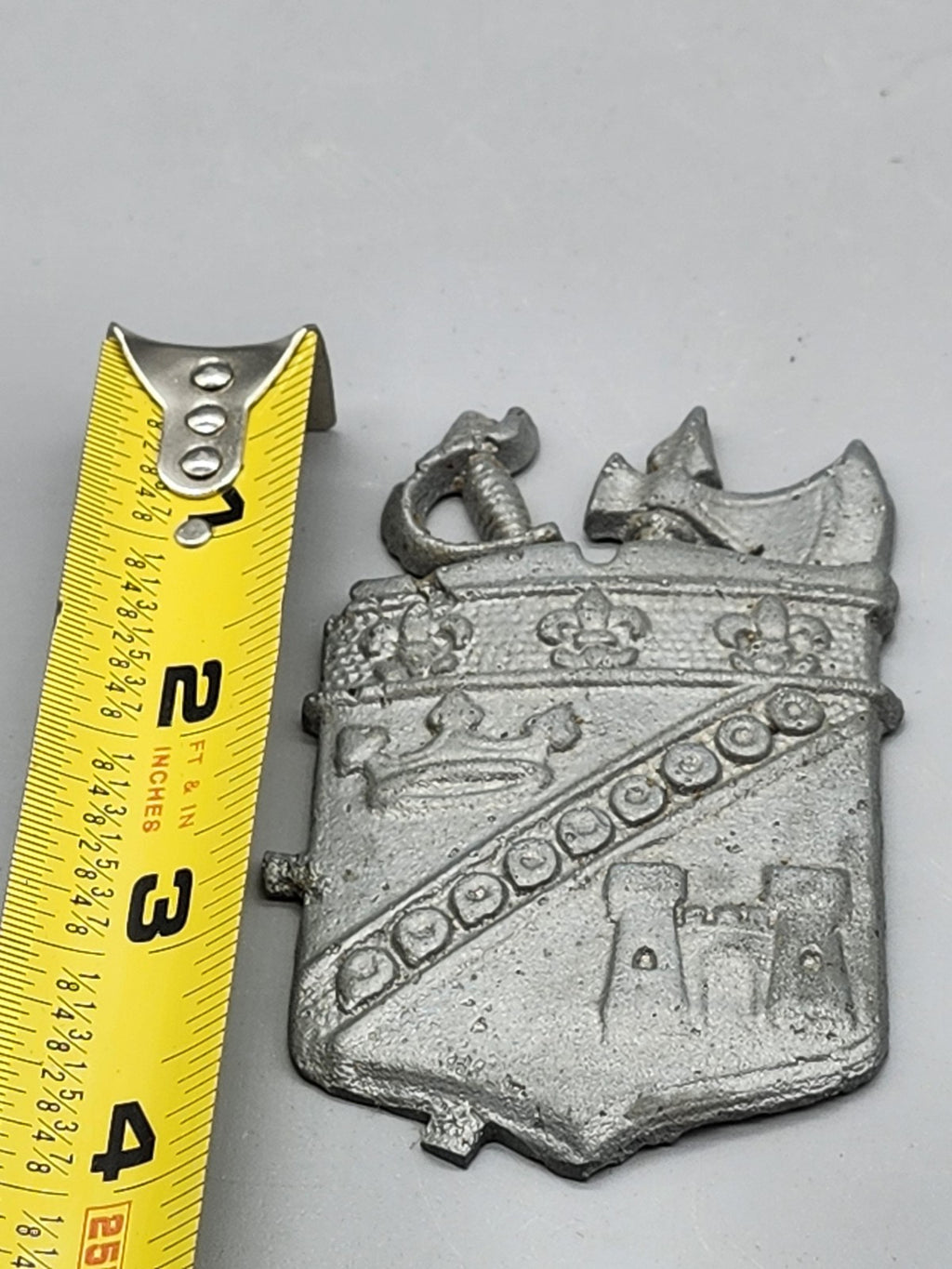 Vintage Heraldic Shield Crest Emblem Silver Tone Metal Castle Anchor Gothic